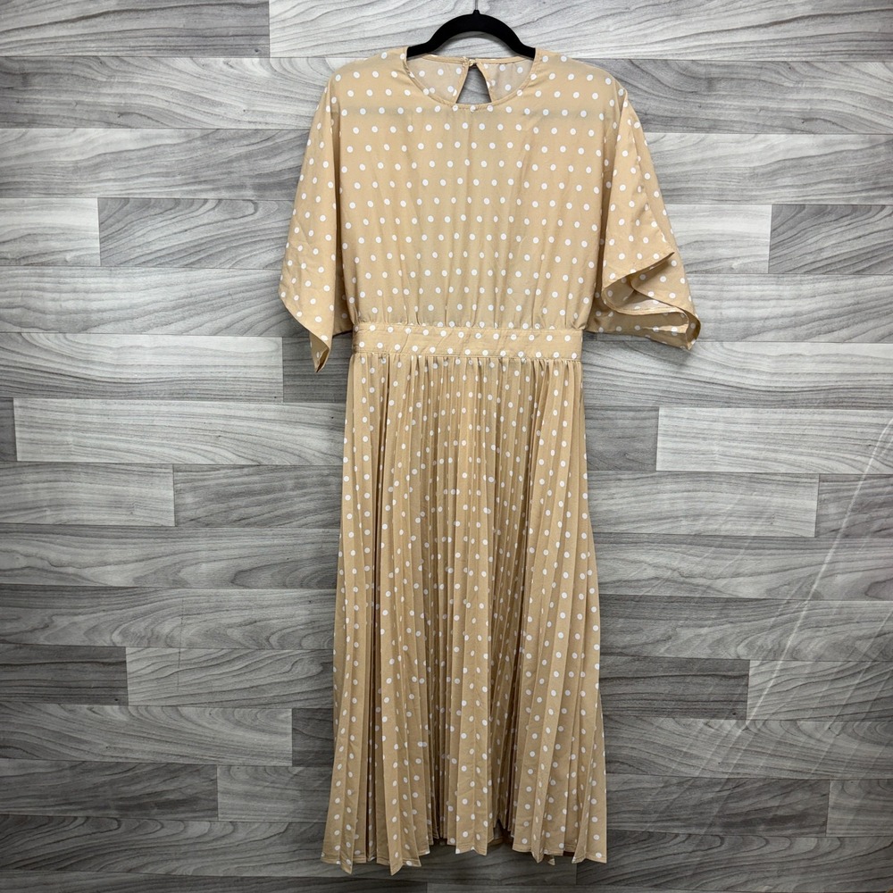 PrettyLittleThing Pleated Midi Dress Women 8 Tan Polka Dots Short Flutter Sleeve